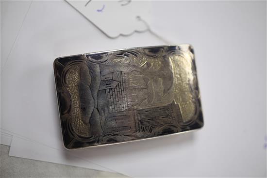 A 19th century Russian 84 zolotnik parcel gilt silver and niello snuff box, 3in.